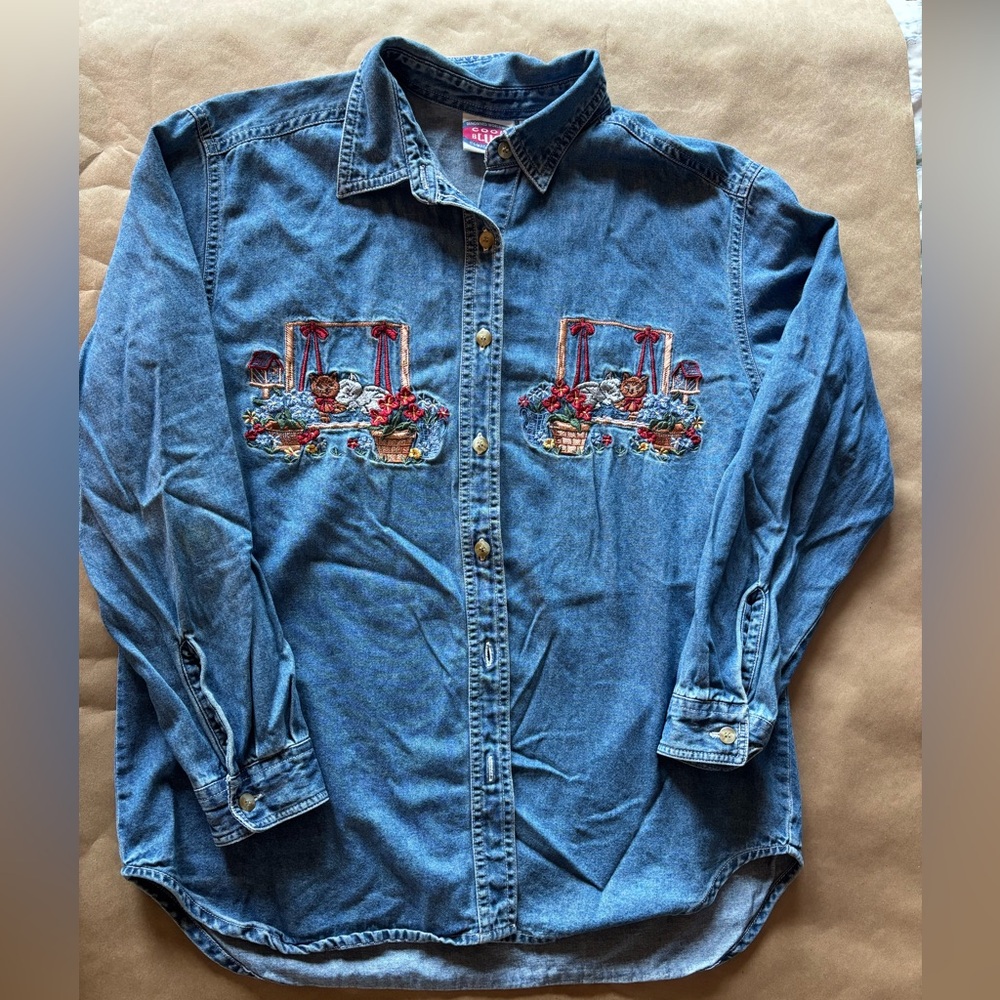 Cool Blues Denim Shirt with cute cat design on the front